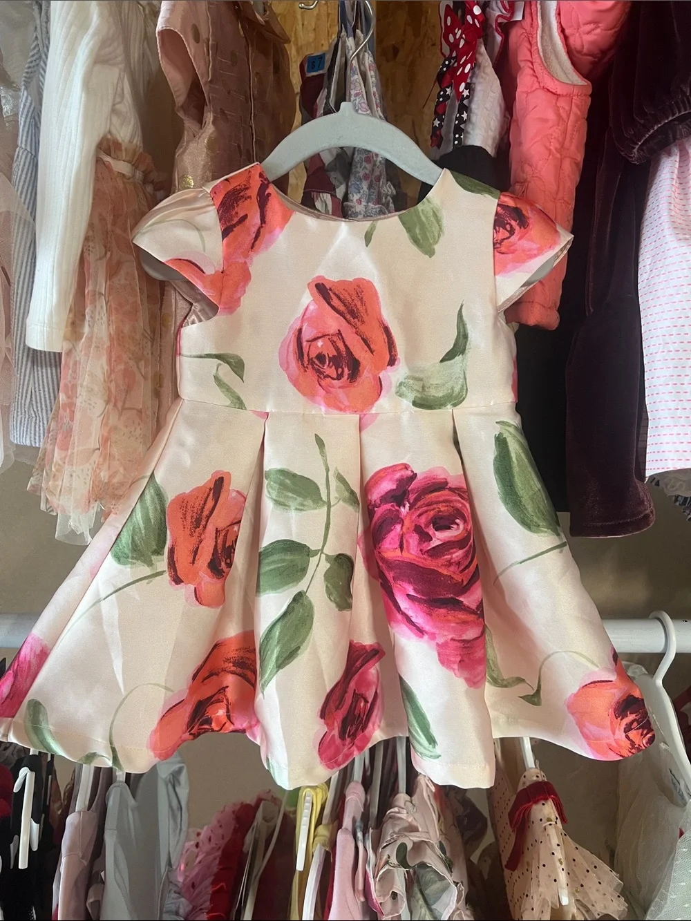 The Children's Place Cream Dress with Pink & Coral Rose Print